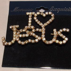 I Love Jesus Gold Tone Crystal Rhinestone Brooch